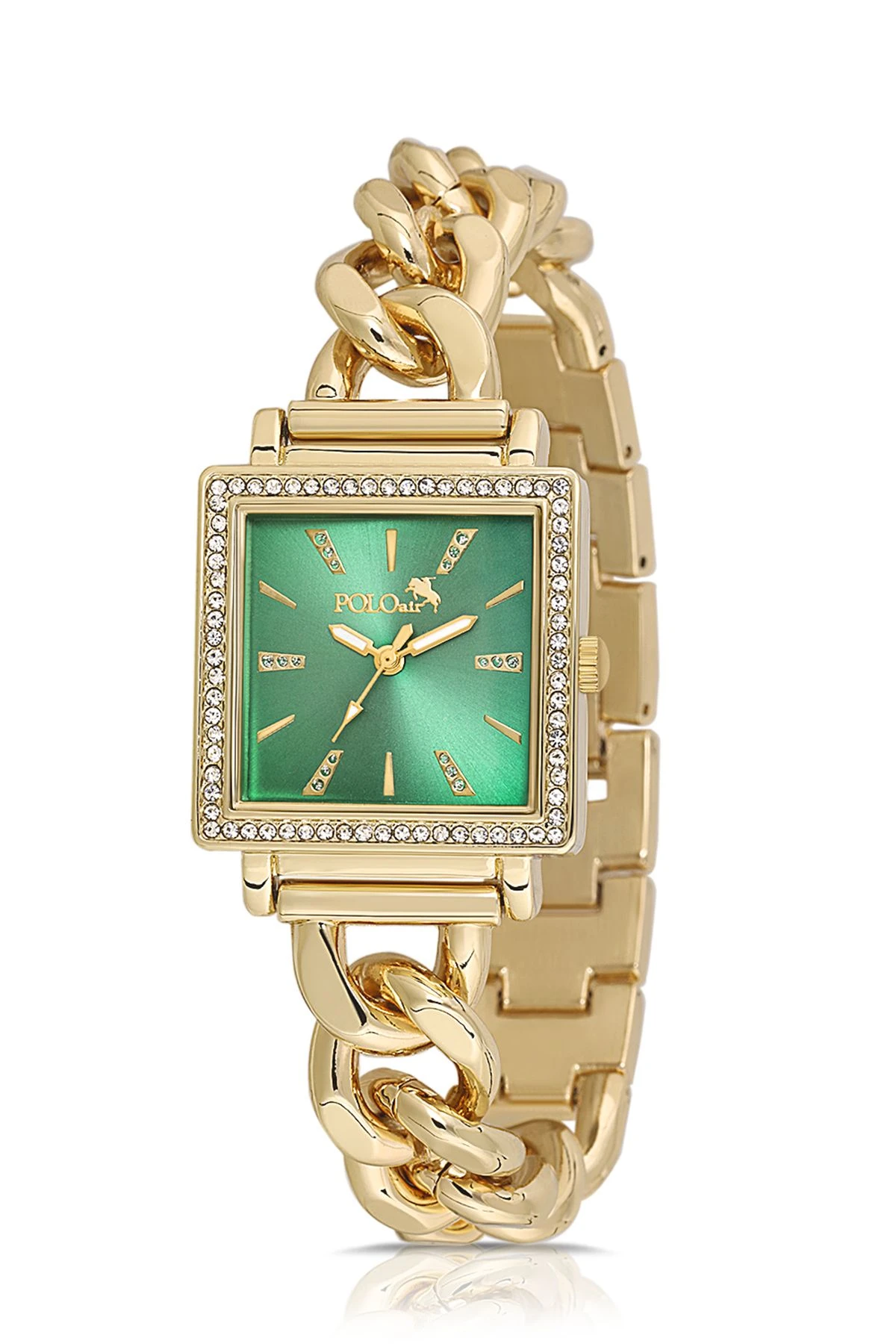Zincir Kordon Lüx Taşlı Kare Kadın Kol Saati Gold-Yeşil Pl-1485B3X Gold-Yeşil Pl-1485B3X
