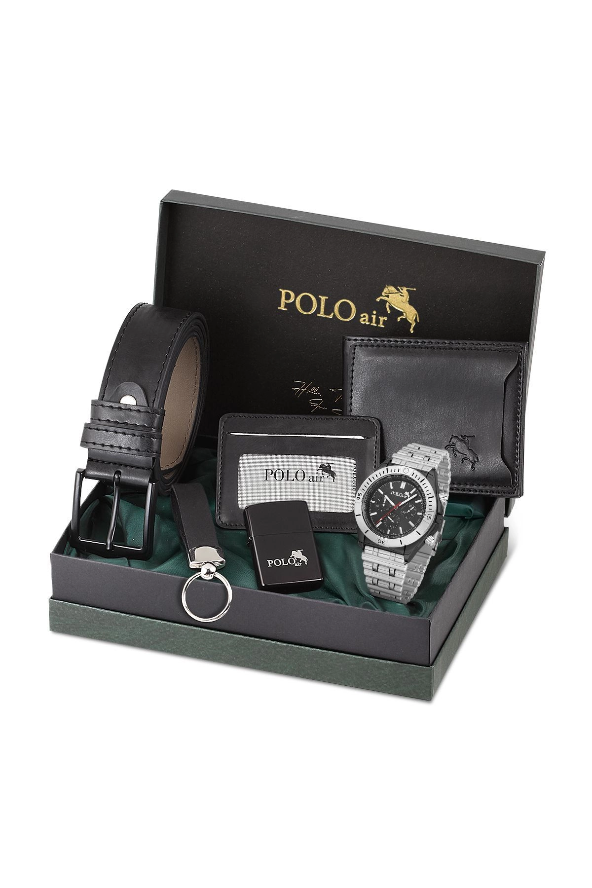 Erkek Kol Saati Cüzdan Kemer Kartlık Anahtarlık Çakmak Kombin Siyah Set-Gümüş Pl-0897E4 Siyah Set-Gümüş Pl-0897E4