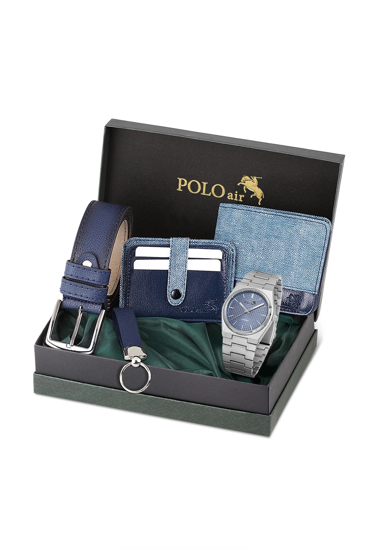 Erkek Kol Saati Cüzdan Kemer Kartlık Anahtarlık Kombin Mavi Set Pl-0860E2 Gümüş-Mavi Pl-0860E2