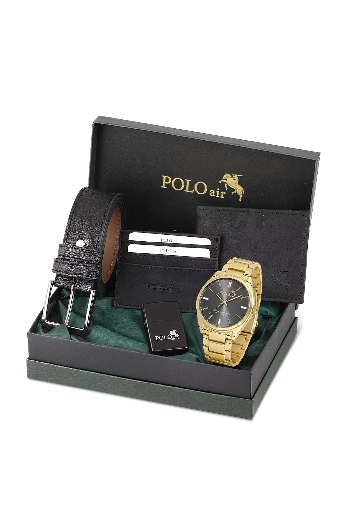 Erkek Kol Saati Cüzdan Kemer Kartlık Çakmak Kombin Set Pl-0832E3 Siyah Set Gold Pl-0832E3