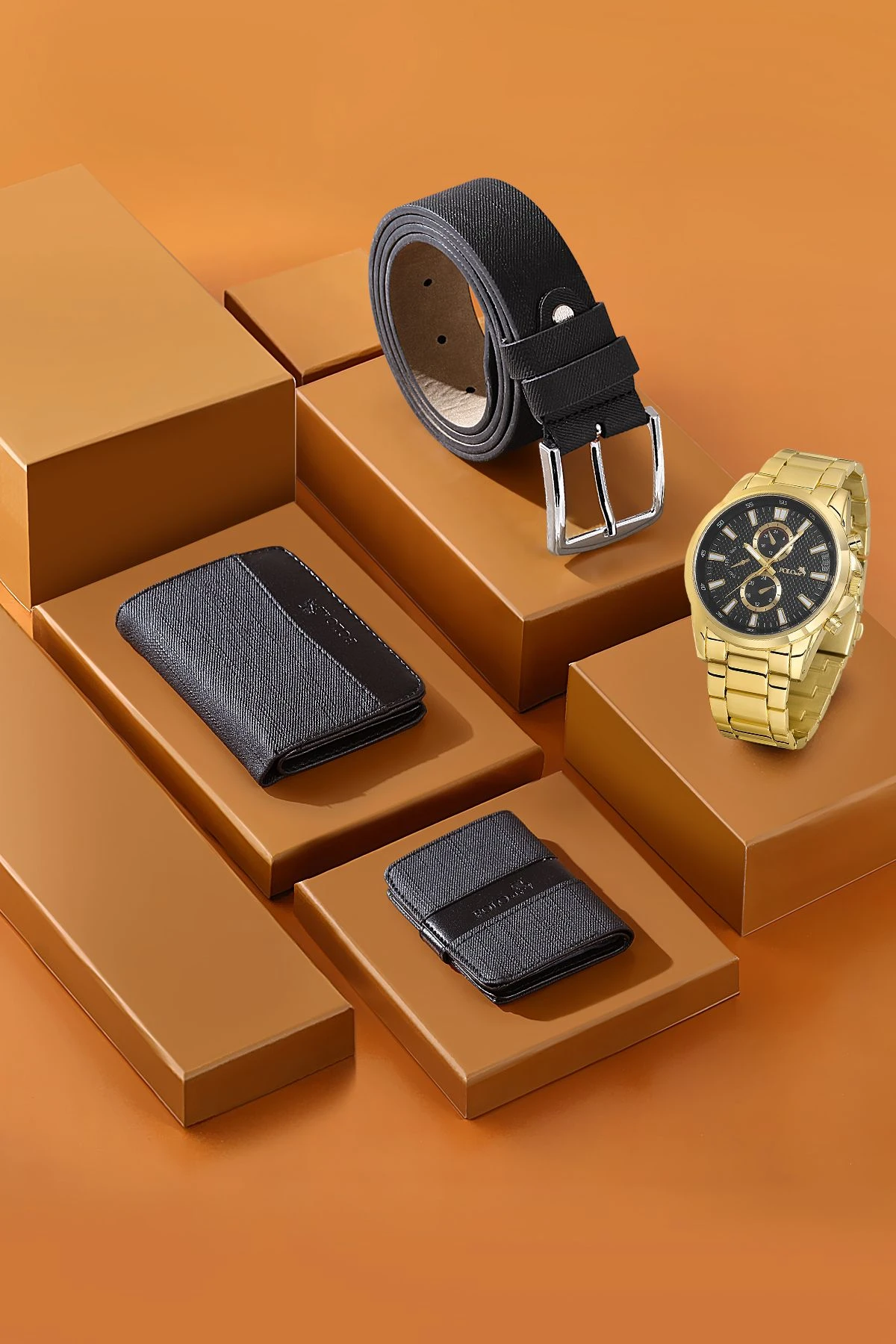 Erkek Kol Saati Cüzdan Kemer Kartlık Kombin Set Pl-0830E4 Siyah Set Gold Pl-0830E4