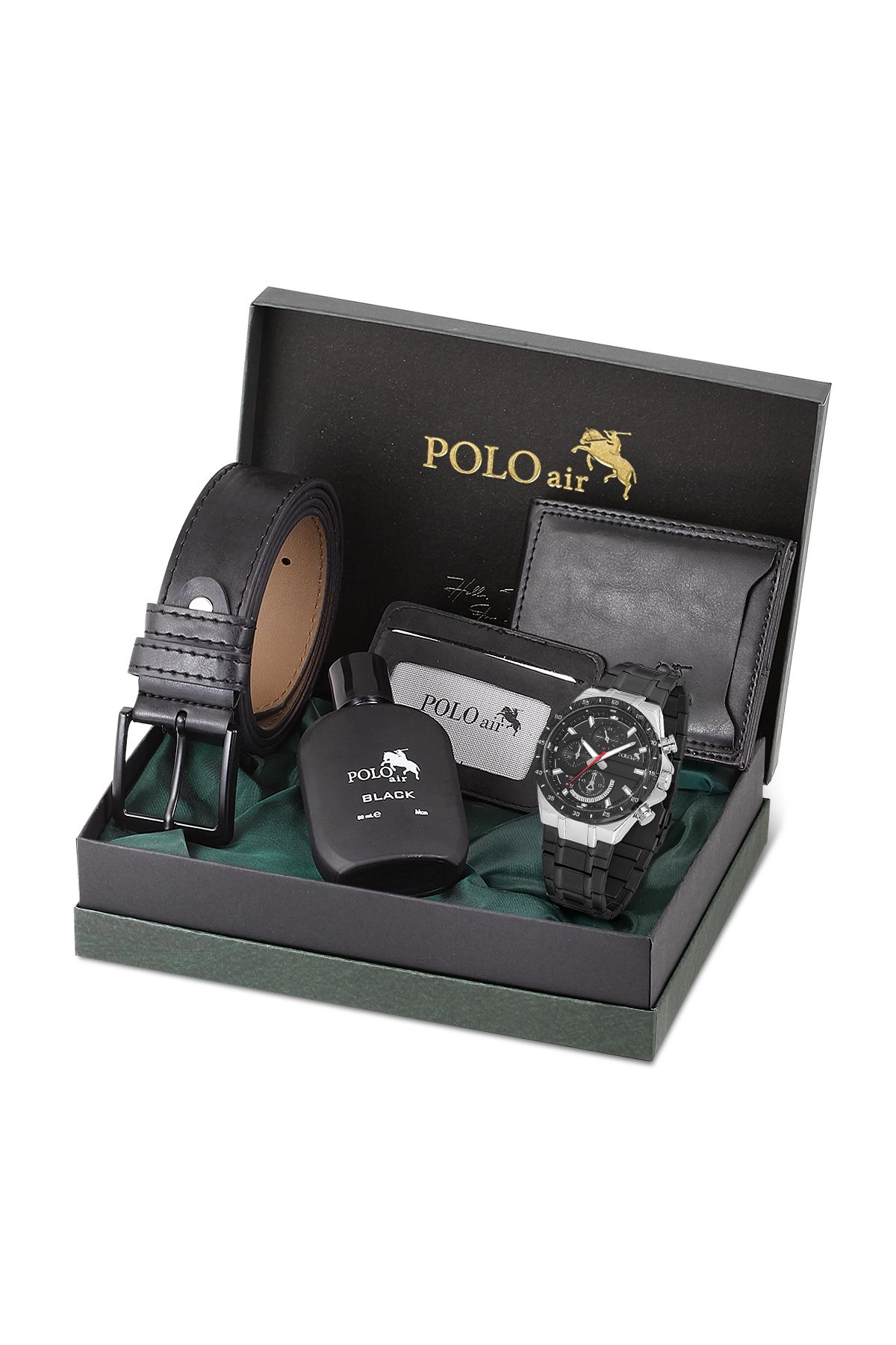 Erkek Kol Saati Cüzdan Kemer Kartlık Parfüm Kombin Siyah Set Pl-0890E1 Siyah Set Pl-0890E1