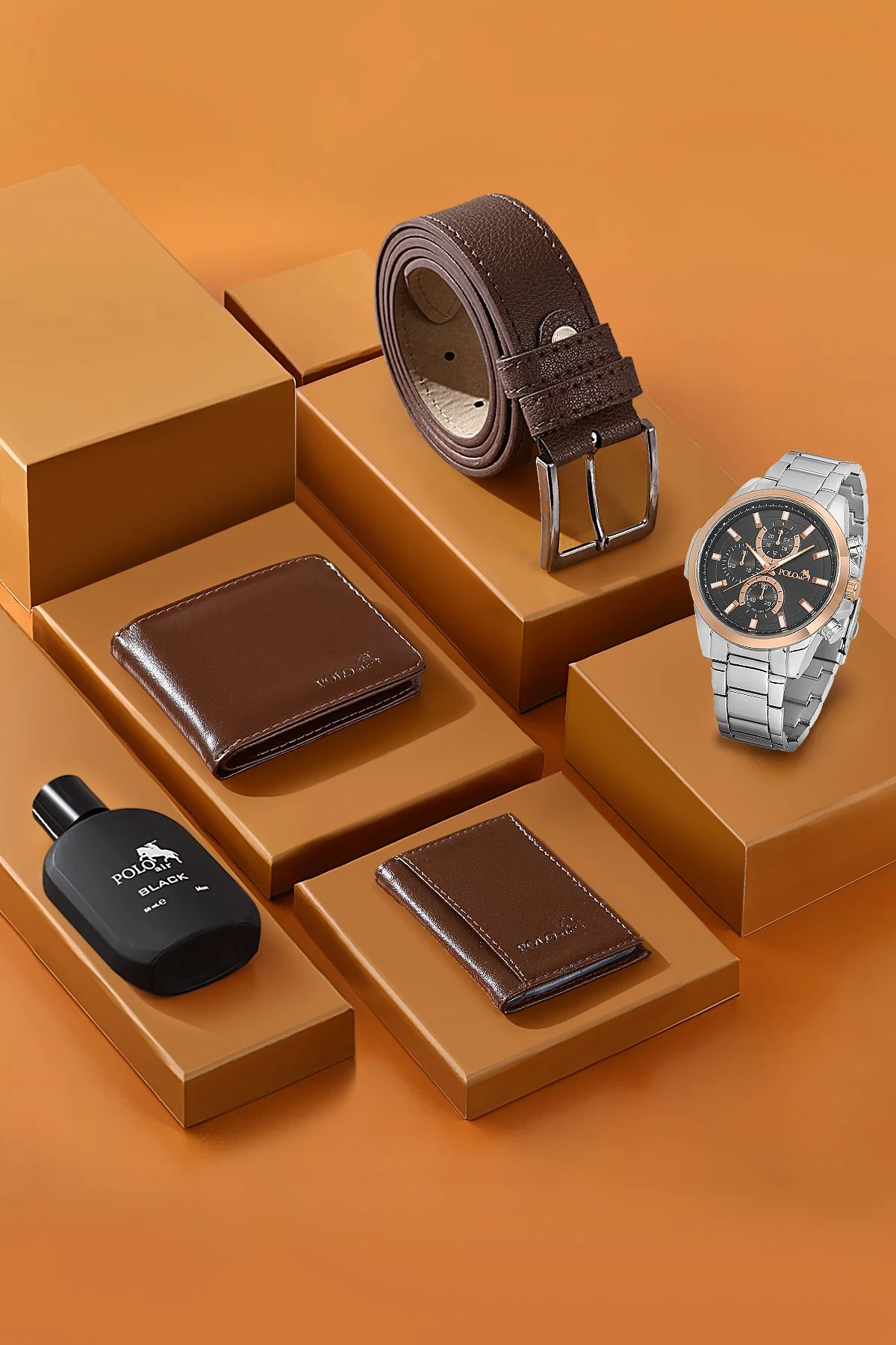 Erkek Kol Saati Klasik Model Cüzdan Kemer Kartlık Parfüm Kombin Kahverengi Set Pl-0844E3 Gümüş-Bakır Pl-0844E3