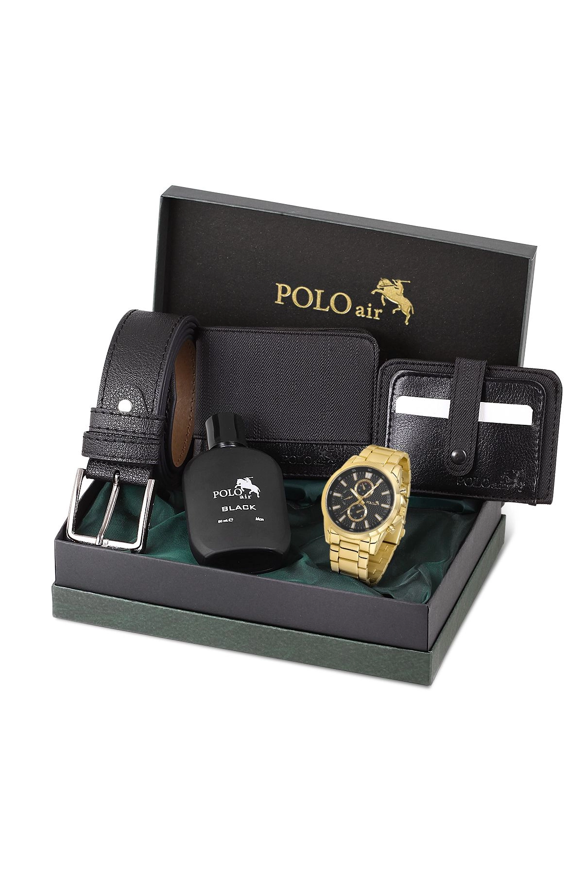 Erkek Kol Saati Parfüm Cüzdan Kemer Kartlık Kombin Set Pl-0831E4 Siyah Set Gold Pl-0831E4