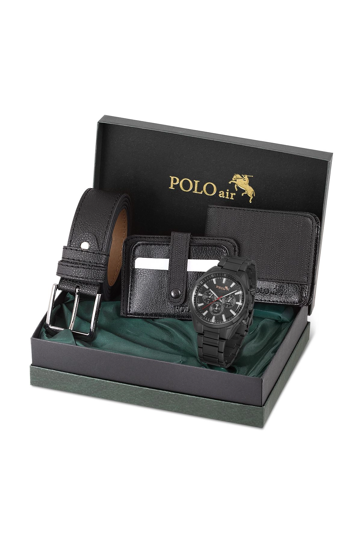 Erkek Metal Kasa Kol Saati Cüzdan Kemer Kartlık Kombin Siyah Set Pl-0847E1 Siyah Pl-0847E1