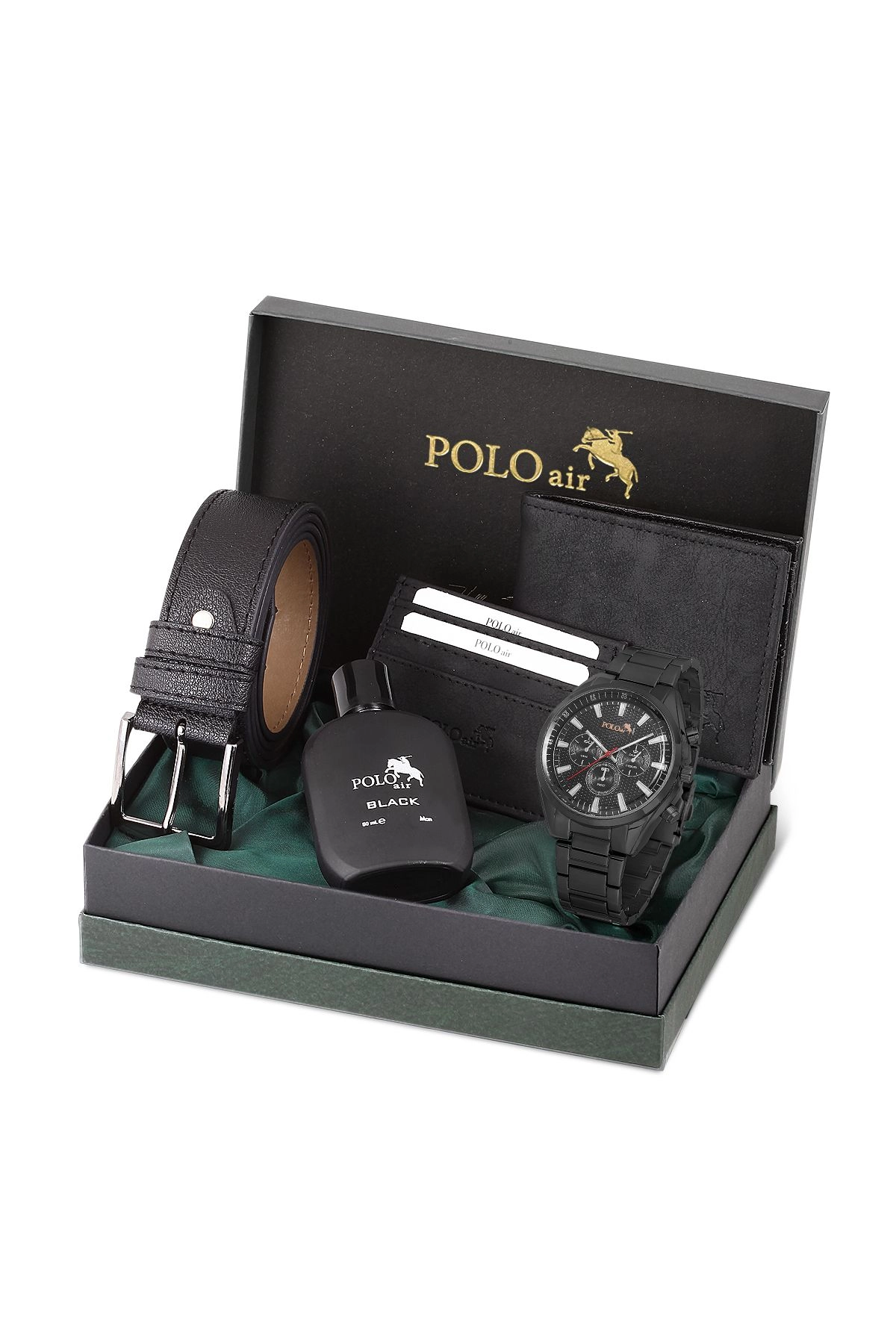 Erkek Metal Kasa Kol Saati Cüzdan Kemer Kartlık Parfüm Kombin Siyah Set Pl-0846E1 Siyah Pl-0846E1