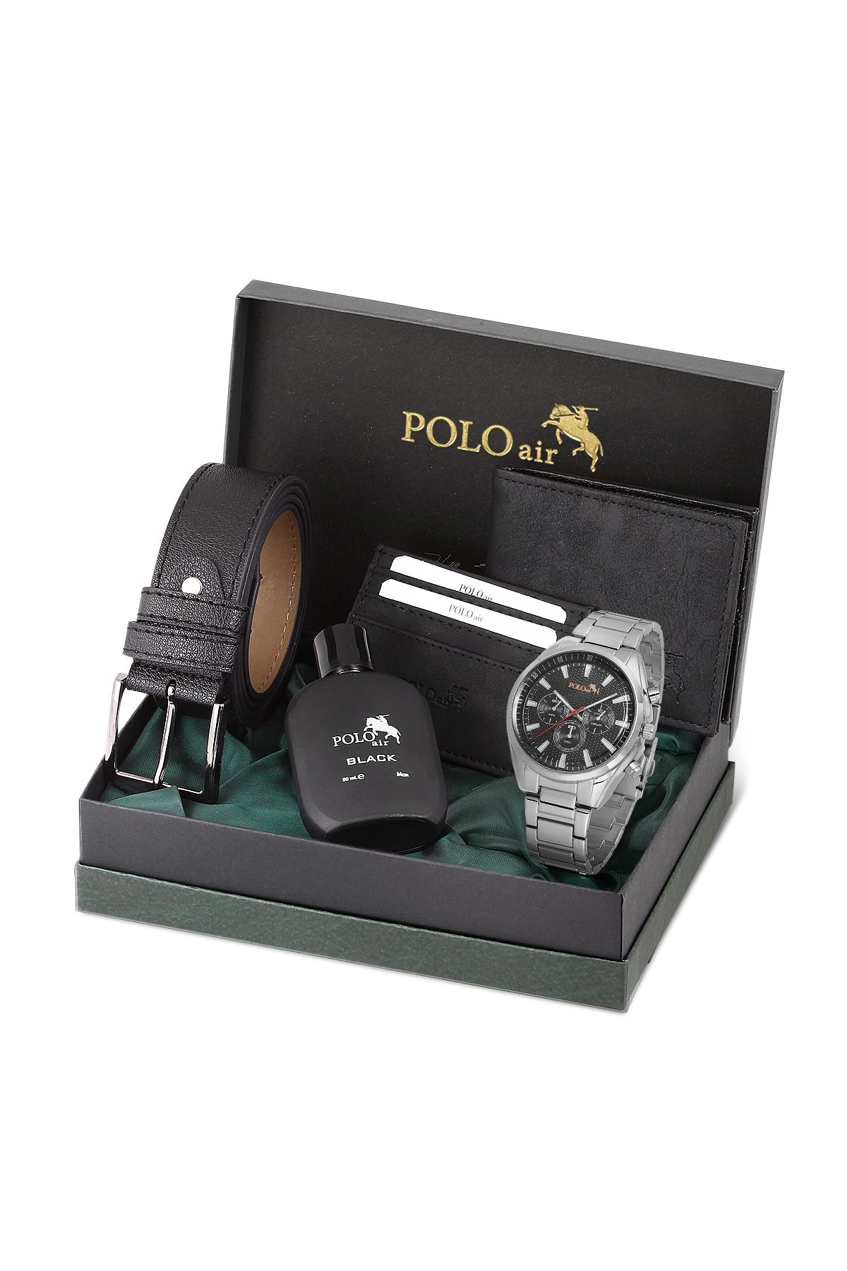 Erkek Metal Kasa Kol Saati Cüzdan Kemer Kartlık Parfüm Kombin Siyah Set Pl-0846E3 Gümüş-Siyah Pl-0846E3