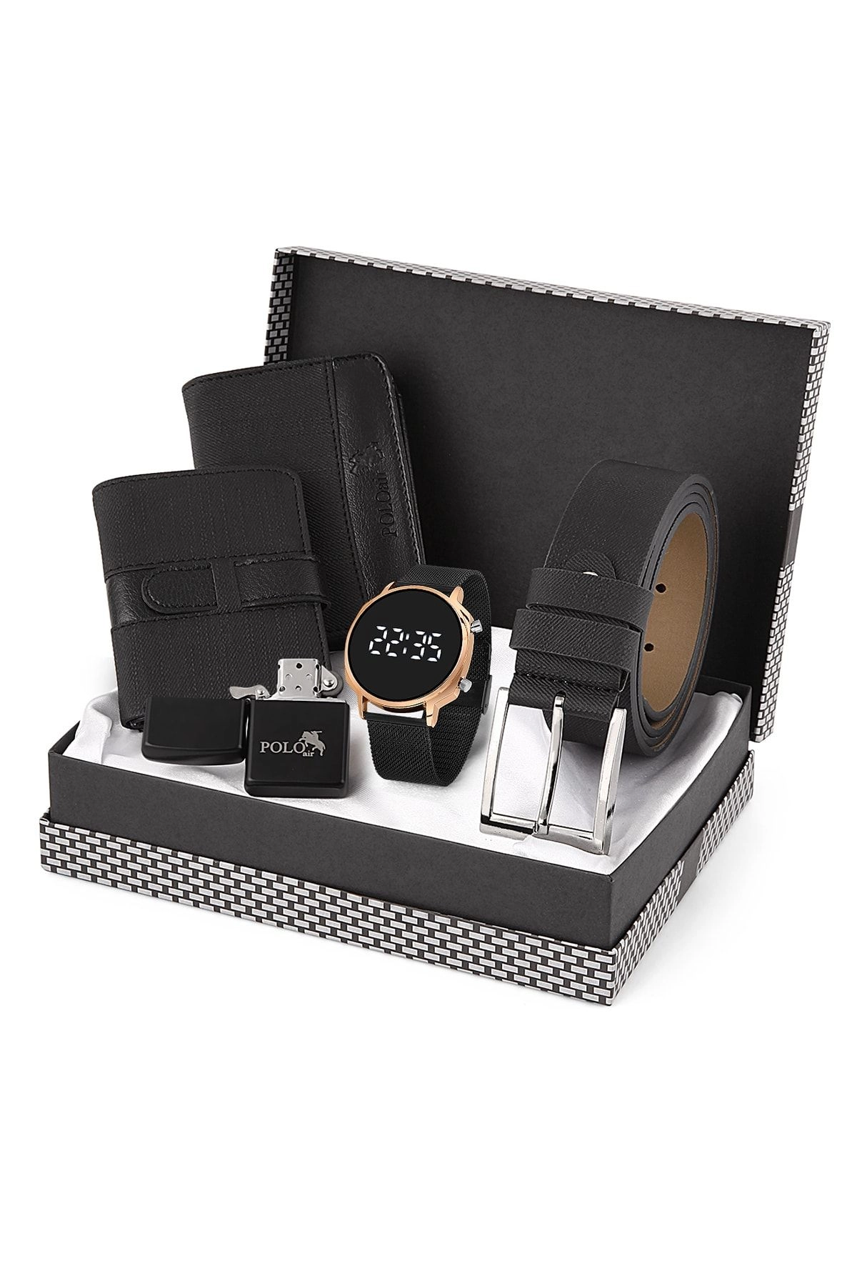 Erkek Set Kombin Kol Saati Kemer Cüzdan Kartlık Çakmak Özel Kutusunda Pl-0698E Siyah Set Pl-0698E2