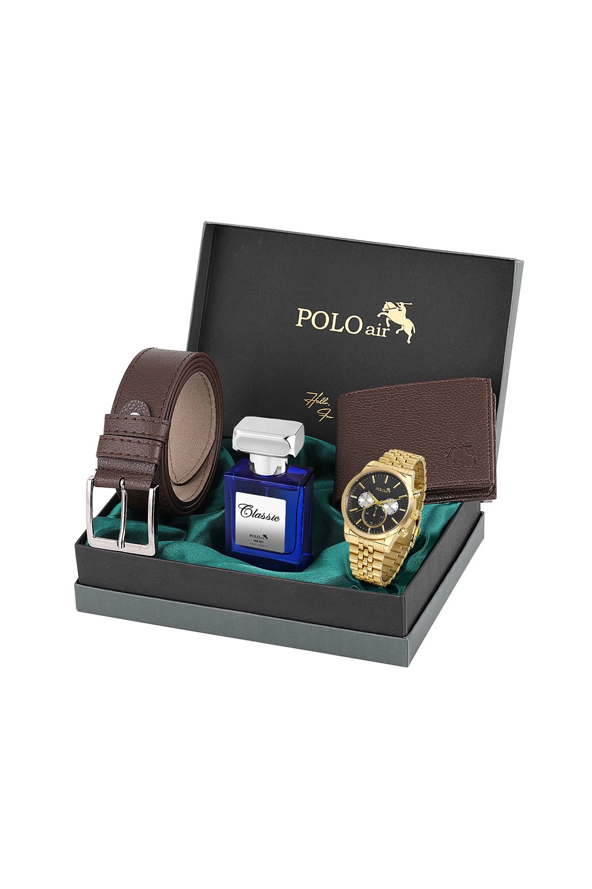 Logolu Klasik Erkek Cüzdan Kemer Kol Saati Parfüm Seti Gold Pl-0883E5 Gold Pl-0883E5