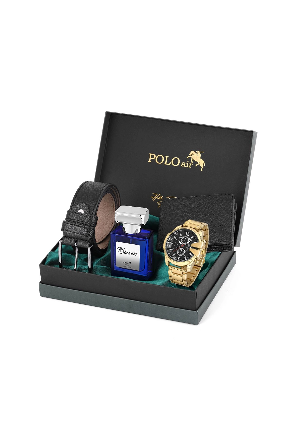Logolu Klasik Erkek Cüzdan Kemer Kol Saati Parfüm Seti Gold Pl-0887E1 Gold Pl-0887E1