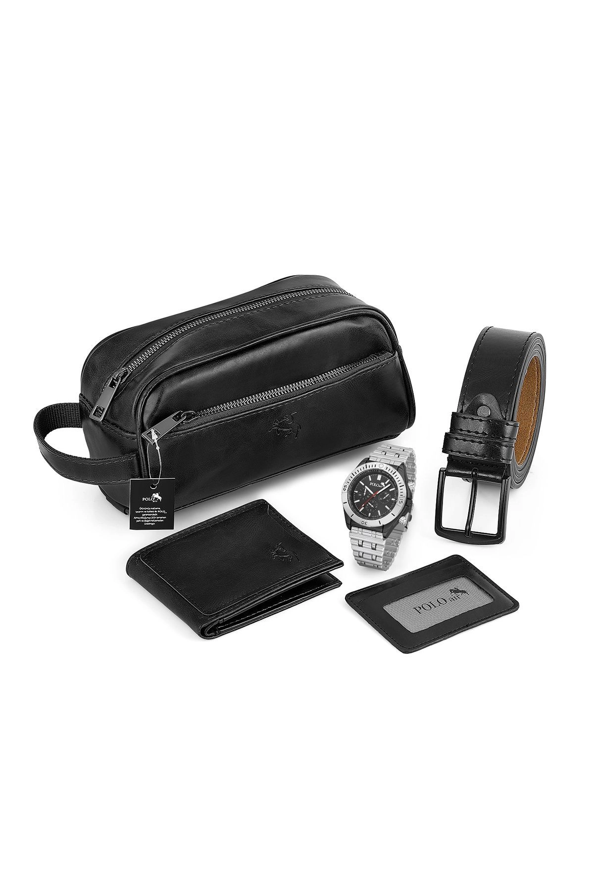 Lüx Erkek Kol Saati El Çantası Cüzdan Kemer Kartlık Kombin Siyah Set-Gümüş Pl-0899E4 Siyah Set-Gümüş Pl-0899E4