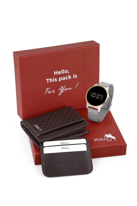 Erkek Dokunmatik Led Saat Hasır Kordon Cüzdan Karlık Kutusunda Hediyelik Set Kahverengi Kahverengi Pl-0655E5