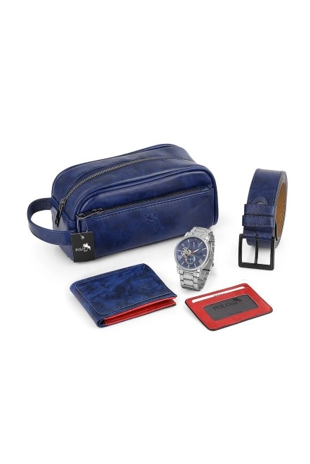 Erkek Kol Saati Cüzdan Kartlık Kemer El Çanta Kombin Set Gümüş Mavi Renk Pl-0928E2 Gümüş-Mavi Pl-0928E2