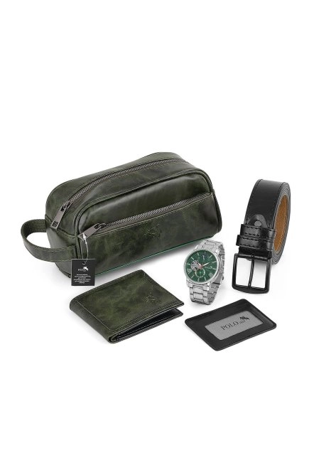 Erkek Kol Saati Cüzdan Kartlık Kemer El Çanta Kombin Set Gümüş Yeşil Renk Pl-0928E4 Gümüş-Yeşil Pl-0928E4