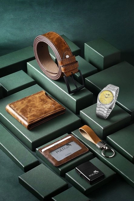 Erkek Kol Saati Cüzdan Kemer Kartlık Anahtarlık Çakmak Kombin Kahverengi Set Pl-0861E4 Gümüş-Sarı Pl-0861E4