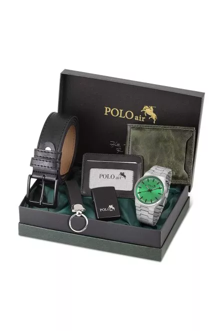 Erkek Kol Saati Cüzdan Kemer Kartlık Anahtarlık Çakmak Kombin Set Gümüş Yeşil Renk Pl-0916E3 Gümüş-Yeşil Pl-0916E3