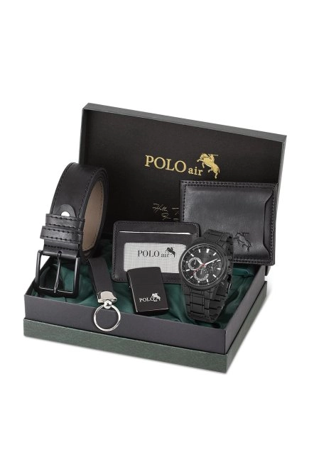 Erkek Kol Saati Cüzdan Kemer Kartlık Anahtarlık Çakmak Kombin Siyah Set Pl-0854E1 Siyah Pl-0854E1