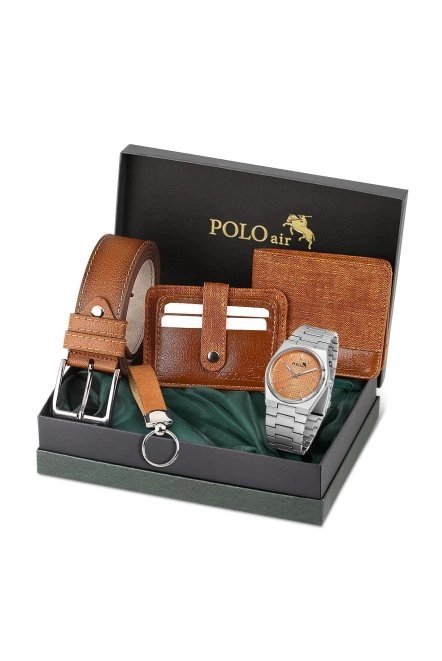 Erkek Kol Saati Cüzdan Kemer Kartlık Anahtarlık Kombin Kahverengi Set Pl-0860E3 Gümüş-Kahverengi Pl-0860E3
