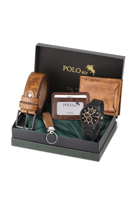 Erkek Kol Saati Cüzdan Kemer Kartlık Anahtarlık Kombin Set Pl-0835E3 Taba Set Siyah İçi Bakır Pl-0835E3