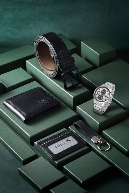 Erkek Kol Saati Cüzdan Kemer Kartlık Anahtarlık Kombin Set Pl-0835E4 Siyah Set Gümüş Pl-0835E4