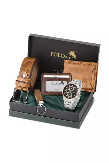 Erkek Kol Saati Cüzdan Kemer Kartlık Anahtarlık Kombin Set Pl-0835E6 Taba Set Gümüş-Bakır Pl-0835E6