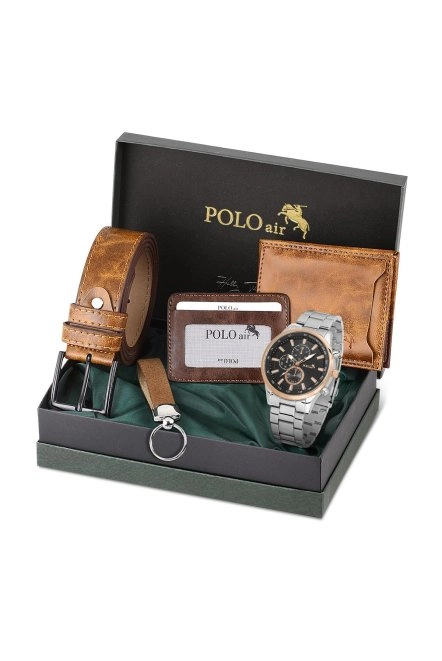 Erkek Kol Saati Cüzdan Kemer Kartlık Anahtarlık Spor Kombin Taba Set Pl-0849E6 Gümüş-Bakır Pl-0849E6