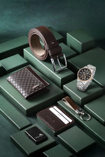 Erkek Kol Saati Cüzdan Kemer Kartlık Çakmak Anahtarlık Kombin Kahverengi Set Pl-0848E6 Bakır-Gümüş Pl-0848E6