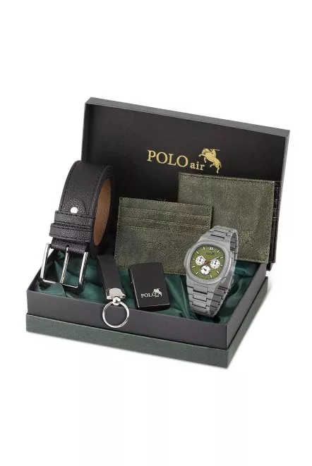 Erkek Kol Saati Cüzdan Kemer Kartlık Çakmak Anahtarlık Kombin Set Gümüş Yeşil Renk Pl-0924E5 Gümüş-Yeşil Pl-0924E5