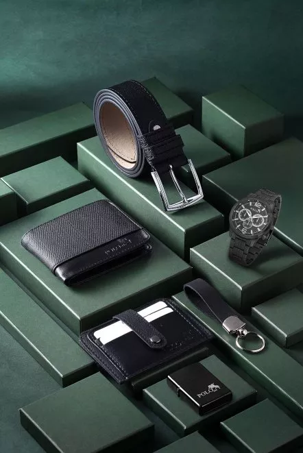 Erkek Kol Saati Cüzdan Kemer Kartlık Çakmak Anahtarlık Kombin Siyah Set Pl-0850E1 Siyah Pl-0850E1