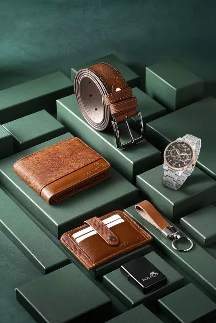 Erkek Kol Saati Cüzdan Kemer Kartlık Çakmak Anahtarlık Kombin Taba Set Pl-0850E3 Gümüş-Bakır Pl-0850E3