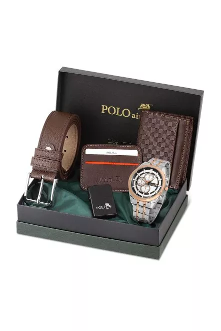 Erkek Kol Saati Cüzdan Kemer Kartlık Çakmak Kombin Kahverengi Set Pl-0856E3 Gümüş-Bakır Pl-0856E3