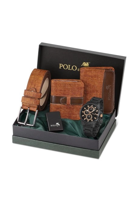 Erkek Kol Saati Cüzdan Kemer Kartlık Çakmak Kombin Set Pl-0834E3 Taba Set Siyah İçi Bakır Pl-0834E3