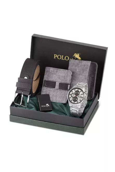 Erkek Kol Saati Cüzdan Kemer Kartlık Çakmak Kombin Set Pl-0834E4 Gri Set Gümüş Pl-0834E4