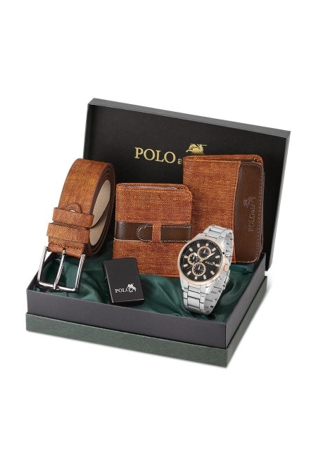 Erkek Kol Saati Cüzdan Kemer Kartlık Çakmak Kombin Set Pl-0834E6 Taba Set Gümüş-Bakır Pl-0834E6