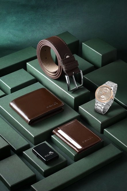 Erkek Kol Saati Cüzdan Kemer Kartlık Çakmak Kombin Set Pl-0838E3 Kahverengi Set Gümüş Bakır Kasa Pl-0838E3