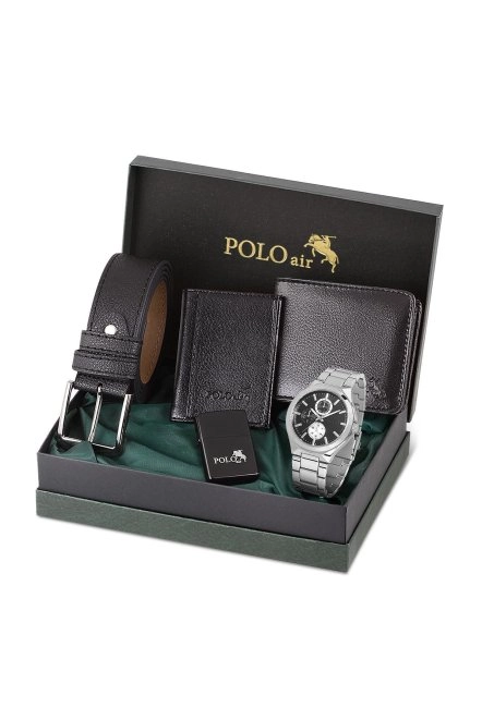 Erkek Kol Saati Cüzdan Kemer Kartlık Çakmak Kombin Set Pl-0838E4 Siyah Set Gümüş-Siyah Pl-0838E4