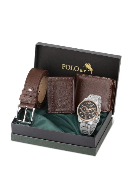 Erkek Kol Saati Cüzdan Kemer Kartlık Klasik Kombin Kahverengi Set Pl-0851E3 Gümüş-Bakır Pl-0851E3