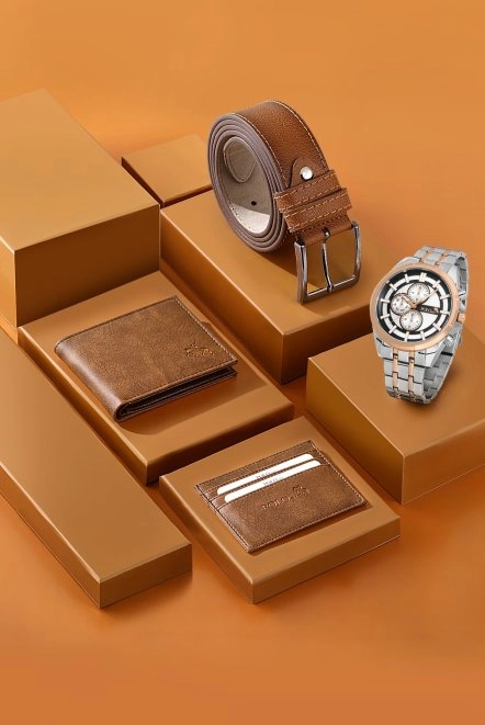 Erkek Kol Saati Cüzdan Kemer Kartlık Kombin Kahverengi Set Pl-0857E3 Gümüş-Bakır Pl-0857E3