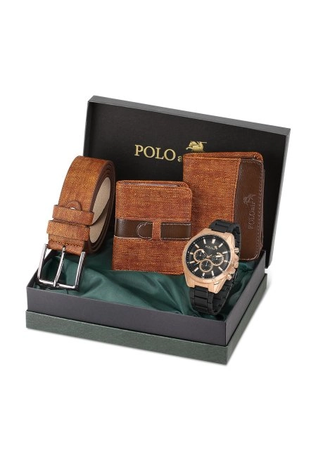 Erkek Kol Saati Cüzdan Kemer Kartlık Kombin Pl-0840E3 Taba Set Siyah-Bakır Pl-0840E3