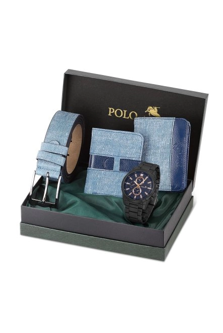 Erkek Kol Saati Cüzdan Kemer Kartlık Kombin Set Pl-0830E7 Lacivert Set Siyah İçi Lacivert Pl-0830E7