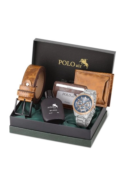 Erkek Kol Saati Cüzdan Kemer Kartlık Parfüm  Kombin Pl-0841E6 Taba Set Gümüş-Bakır Pl-0841E6