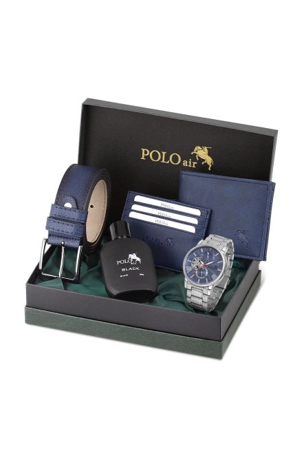 Erkek Kol Saati Cüzdan Kemer Kartlık Parfüm Kombin Set Gümüş Mavi Renk Pl-0927E2 Gümüş-Mavi Pl-0927E2