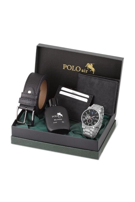 Erkek Kol Saati Cüzdan Kemer Kartlık Parfüm Kombin Set Gümüş Siyah Renk Pl-0927E3 Gümüş-Siyah Pl-0927E3
