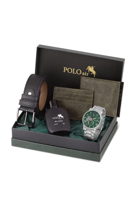 Erkek Kol Saati Cüzdan Kemer Kartlık Parfüm Kombin Set Gümüş Yeşil Renk Pl-0927E4 Gümüş-Yeşil Pl-0927E4