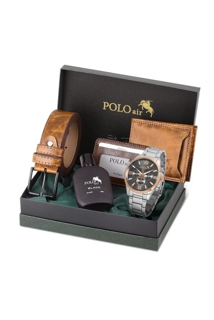 Erkek Kol Saati Cüzdan Kemer Kartlık Parfüm Kombin Taba Set Pl-0852E3 Gümüş-Bakır Pl-0852E3