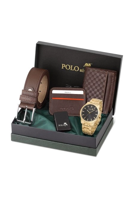 Erkek Kol Saati Dama Desenli Cüzdan Kemer Kartlık Çakmak Kombin Set Gold Siyah Renk Pl-0919E5 Gold-Siyah Pl-0919E5