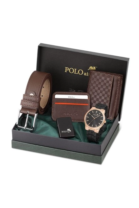 Erkek Kol Saati Dama Desenli Cüzdan Kemer Kartlık Çakmak Kombin Set Siyah Bakır Renk Pl-0919E4 Siyah-Bakır Pl-0919E4