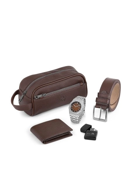 Erkek Kol Saati El Çantası Cüzdan Kemer Çakmak Kombin Kahverengi Set  Pl-0906E4 Kahverengi Set Pl-0906E4