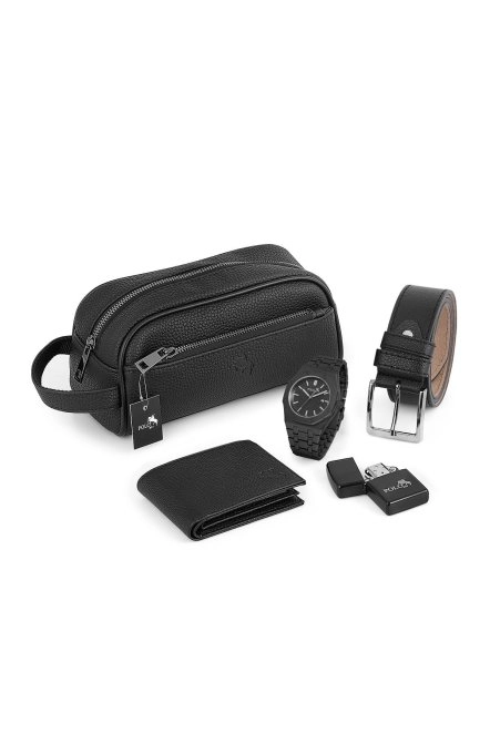 Erkek Kol Saati El Çantası Cüzdan Kemer Çakmak Kombin Siyah Set Pl-0906E1 Siyah Set Pl-0906E1