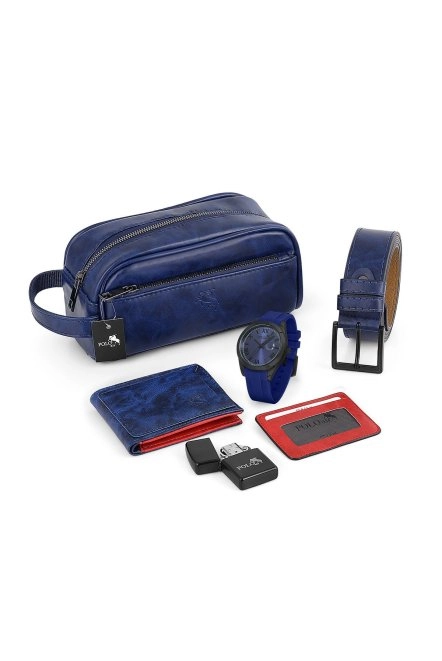 Erkek Kol Saati El Çantası Cüzdan Kemer Kartlık Çakmak Set Lacivert Siyah Pl-0945E2 Lacivert-Siyah Pl-0945E2